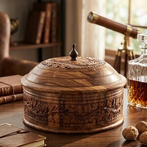 May include: A round, wooden box with intricate floral carvings. The box has a domed lid with a small, dark knob. The wood has a rich, warm brown color. The box is sitting on a wooden table.