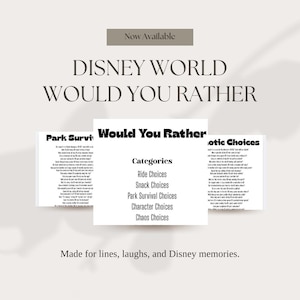 May include: A promotional image for a Disney World themed "Would You Rather" game. The image features the text "Disney World Would You Rather" and lists categories like Ride Choices and Snack Choices. The tagline reads "Made for lines, laughs, and Disney memories."