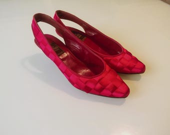 Vintage Fendi Red Satin Kitten Heels, 90s Checkerboard Weave Slingbacks Made Italy
