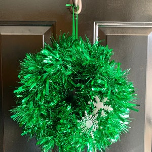 Handmade Green Tinsel Garland Glitter Snowflake Wreath White Sparkle Christmas Holiday Winter Door Hanger 10 inches Small