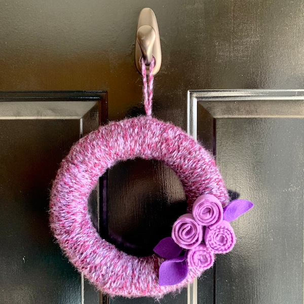 Handmade Multicolor Purple Yarn and Felt Flower Wreath Small Floral Leaves Door Hanger 10 Inch