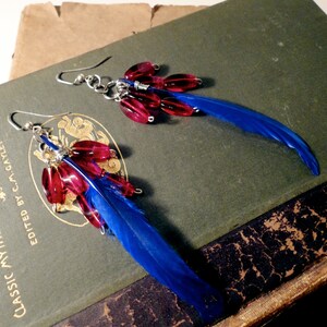Navy Blue Feather and Red Beaded Dangly Boho Earrings