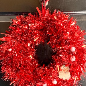 Handmade Red Christmas Santa Tinsel Garland Wreath White Felt Pompom Balls Retro Holiday 12 Inch