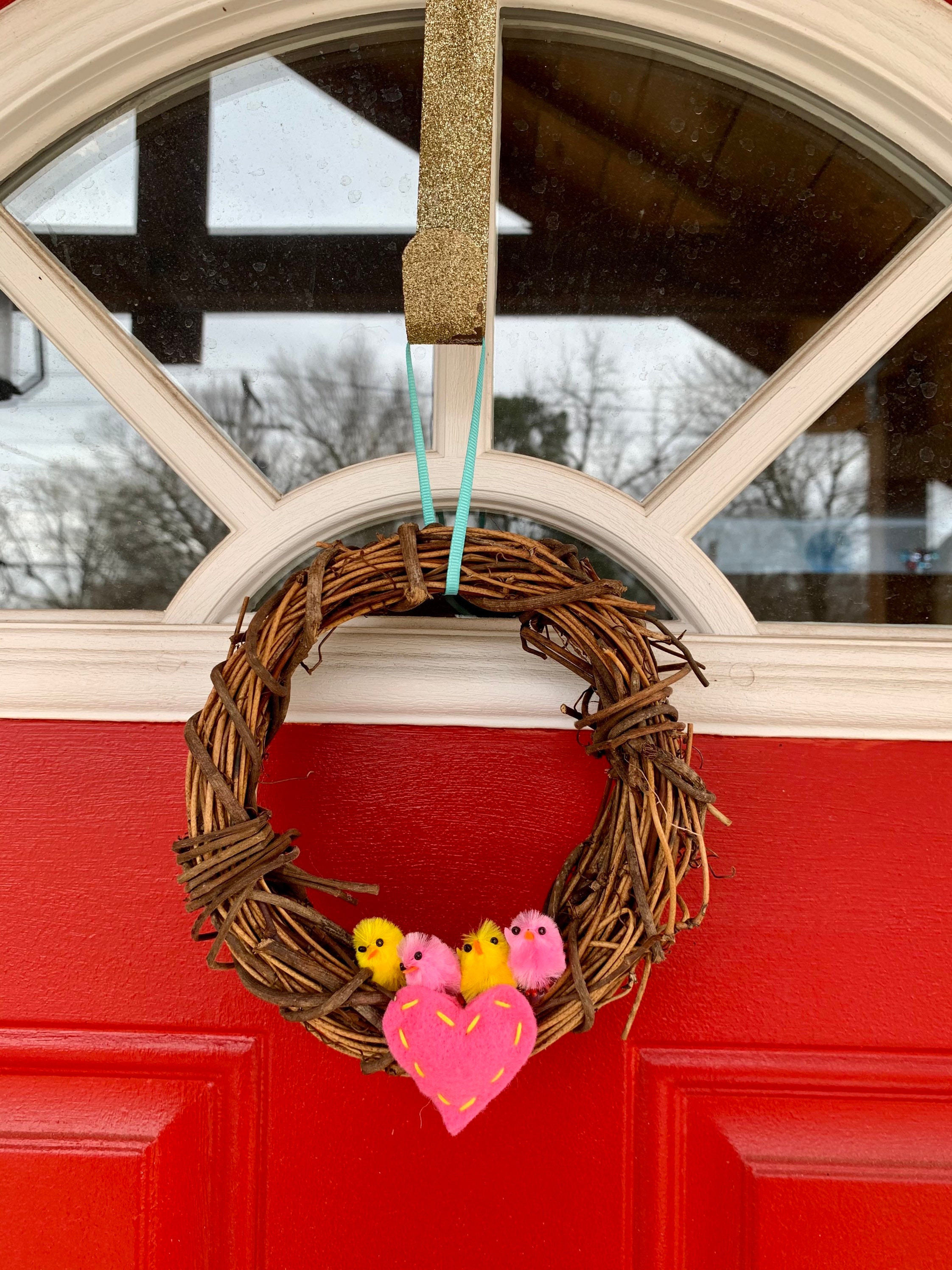 Handmade Easter Wreath Door Hanger Small Felt Stitched Heart Pompom