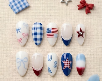 Handmade 4th of July Nails Press On Nails, Patriotic Press On Nails America 250, Patriotic Bow & Star Nails,Summer Holiday Manicure