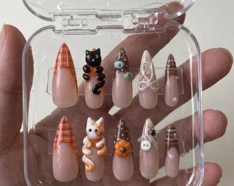 Halloween Press On Nails with Black and Orange Cats, Plaid Pumpkin, Ghost, Cute Handmade Nail Set