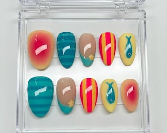 Cute Summer Press On Nails, Kawaii Fish Press On Nails, Handpainted Beach Fake Nails, Whimsical Blush Aura Manicure, Oval Custom Set