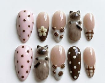 3D Cat Press On Nails, Coffee Bean Fake Nails, Handpainted Espresso Gingham Glue Ons, Kawaii Animal Manicure, Almond Fake Nails Custom