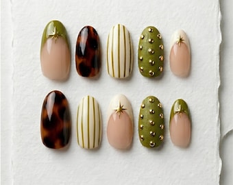 Olive Green Tortoise Shell French Tip Almond Nails, Gold Stud Accents, Handmade Autumn Set