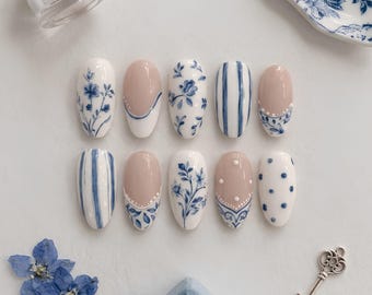Blue Floral Press On Nails, Handmade Porcelain Inspired Nail Set, Elegant White Blue French Tip Nails, Vintage Coquette Gift for Women