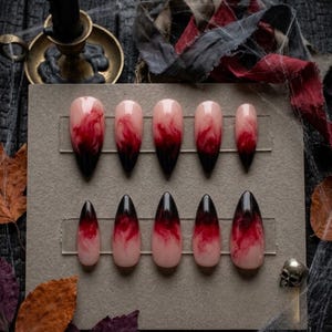 Handmade Red Black Ombre Stiletto Press On Nails, Gothic Smoke Design
