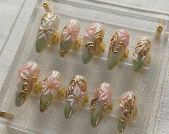 Handmade Mint Bloom Press On Nails, 3D Floral Nail Art, Gold Baroque Swirl Nails, Elegant Sage Green Almond Nails, Luxury Press On Set