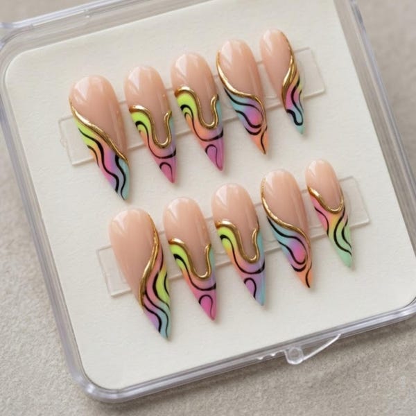 Rainbow Swirl Press On Nails, Handmade Glossy Acrylic Nails, Colorful Abstract French Tip Stiletto Nails, Y2K Summer Nails