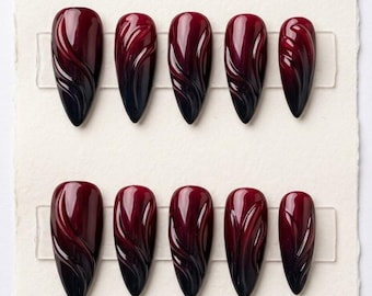 Burgundy Black Press On Nails, 3D Swirl Gothic Handmade Nail Set