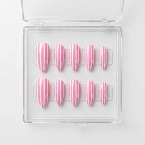 Pink Stripe Press On Nails, Handmade Gel Nails: Pastel Candycore Nail Set, Glossy Almond Fake Nails for Women, Cute Birthday Gift