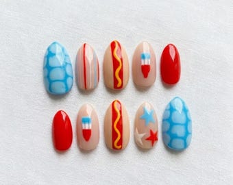 Funny Hot Dog Press On Nails, 4th of July Fake Nails, Handpainted Summer BBQ Foodie Glue Ons, Cute 3D Manicure, Almond Nails Custom Set