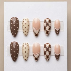 Brown Plaid French Tip Almond Nails, Polka Dot Set, Fall