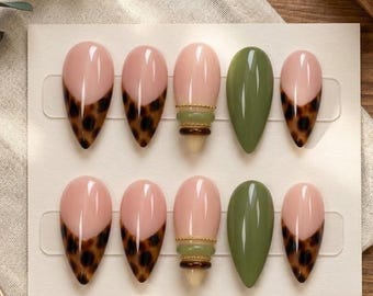 Tortoiseshell Press On Nails, Olive Green French Tip, 3D Gold Accent Nail Set