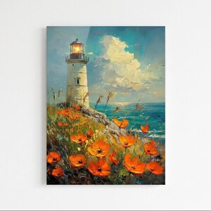 May include: An oil painting on canvas depicting a white lighthouse with a glowing lantern room situated on a rocky cliffside. The foreground is filled with vibrant orange poppy flowers, while the background shows a blue ocean and sky.