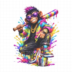 Baseball Monkey PNG | Neon Graffiti Monkey Bat Ball Shirt Design | Baseball Kid Youth Digital Download | DTF Sublimation Cricut
