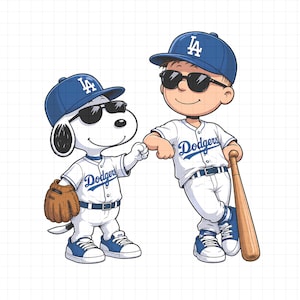 Op de afbeelding: Een cartoonillustratie van een beagle en een jongen in honkbaluniformen van de Los Angeles Dodgers, inclusief blauwe petten met het LA-logo, witte shirts met de tekst Dodgers en een zonnebril. De beagle draagt een bruine honkbalhandschoen.