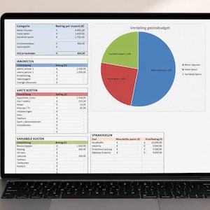 Op de afbeelding: Een laptop toont een financieel spreadsheet met budgetcategorieën, inkomsten en uitgaven. Een cirkeldiagram illustreert de budgetverdeling. Het scherm toont tekst en numerieke gegevens.