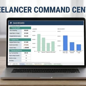 Peut inclure: Un ordinateur portable affiche un tableau de bord avec des données financières, des graphiques et le texte "Freelancer Command Center". Une tasse, un bloc-notes, un stylo et une plante succulente en pot sont sur un bureau en bois.