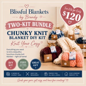 May include: A chunky knit blanket DIY kit bundle featuring multiple skeins of thick yarn in various colors including cream, dark red, blue, and peach, packaged in clear plastic bags with labels, alongside text detailing the kit contents and bundle offer.