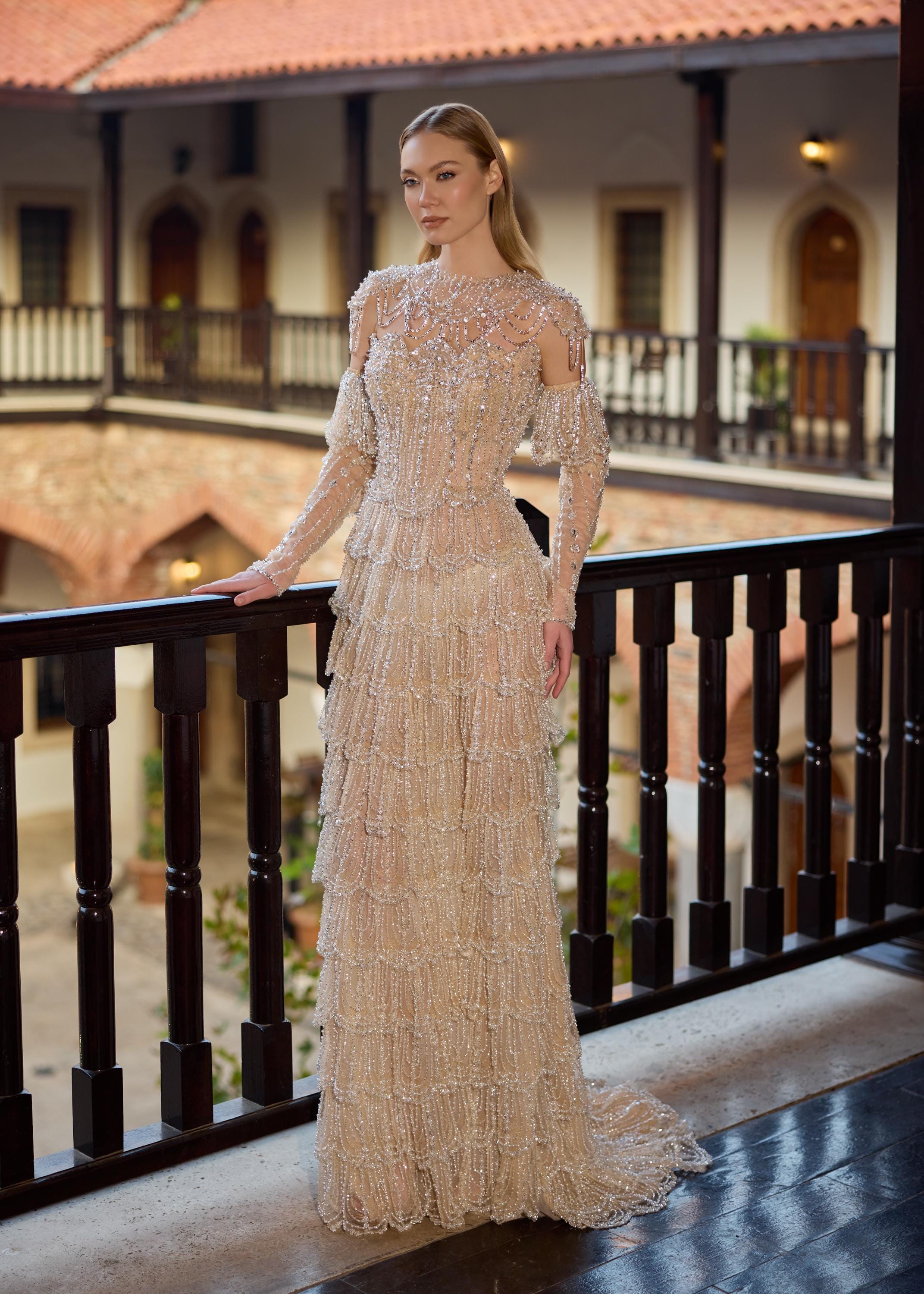 long beaded dress Charming Starpless Sequins Beads Long Prom Dress Overskirt – Ballbella main image 1