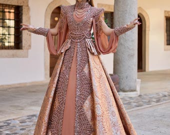 Abito caftano di lusso, abito reale all'henné, abito da ballo VIP per matrimonio e ballo di fine anno, fatto a mano con perline di cristallo.