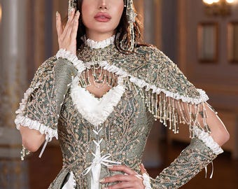 Vestido de fiesta de compromiso de lujo en verde salvia, vestido de gala de alta gama, capa para la noche de la henna real, caftán