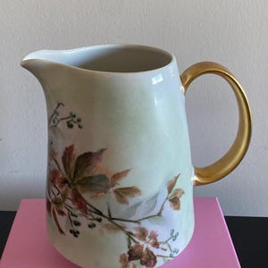 Op de afbeelding: Een porseleinen kan met een lichtgroene achtergrond en een verfijnde botanische illustratie van bruine en groene bladeren en kleine donkere bessen. De kan heeft een glad, afgerond lichaam, een brede schenktuit en een goudkleurig handvat.
