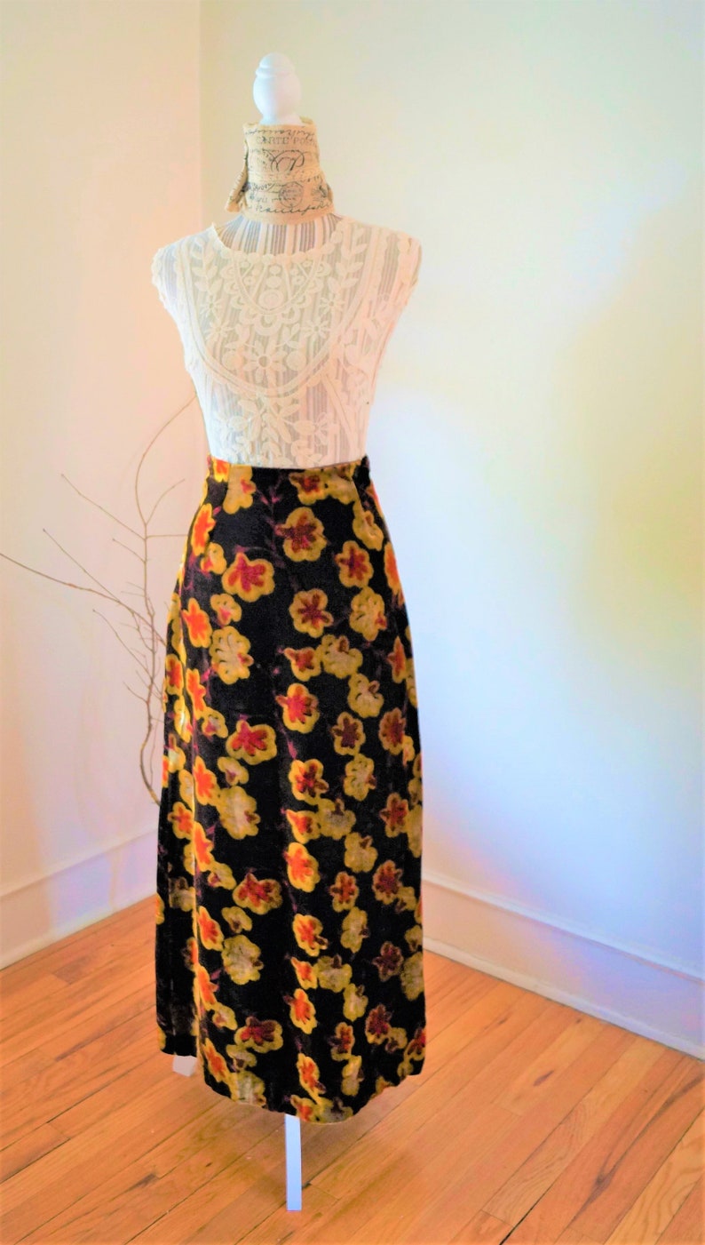 Seventies Velvet MAXI Skirt Rusts Browns Oranges Perfect Condition and Awesome with boots