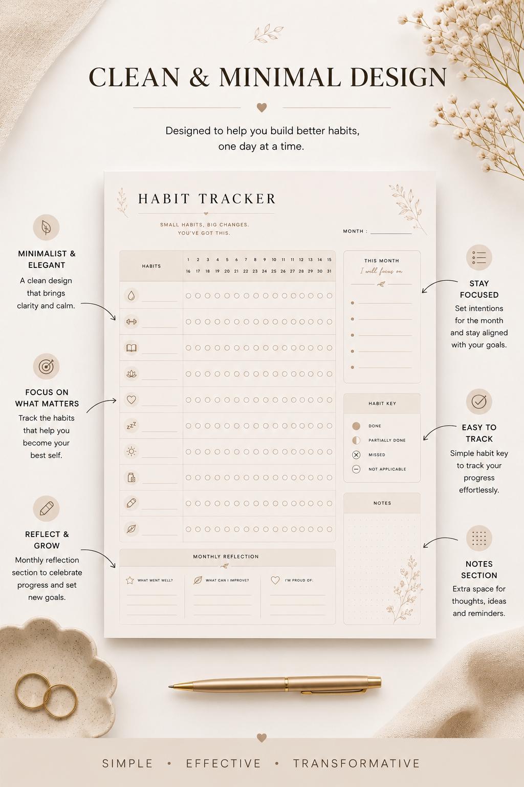 Minimal Habit Tracker Printable | A4 & US Letter PDF | Monthly Habit ...