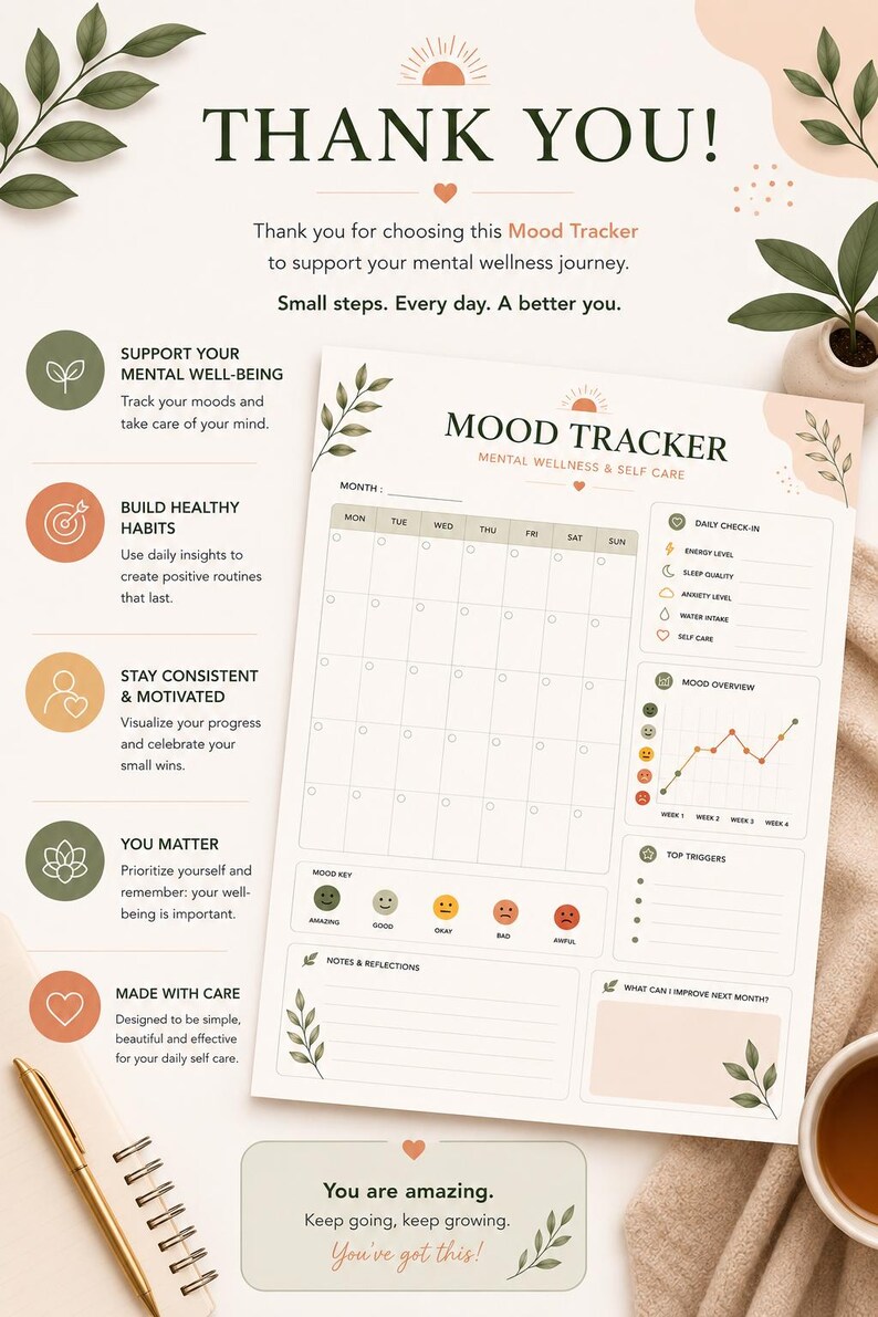 Mood Tracker Printable PDF | Mental Wellness Planner | Self Care Mood ...