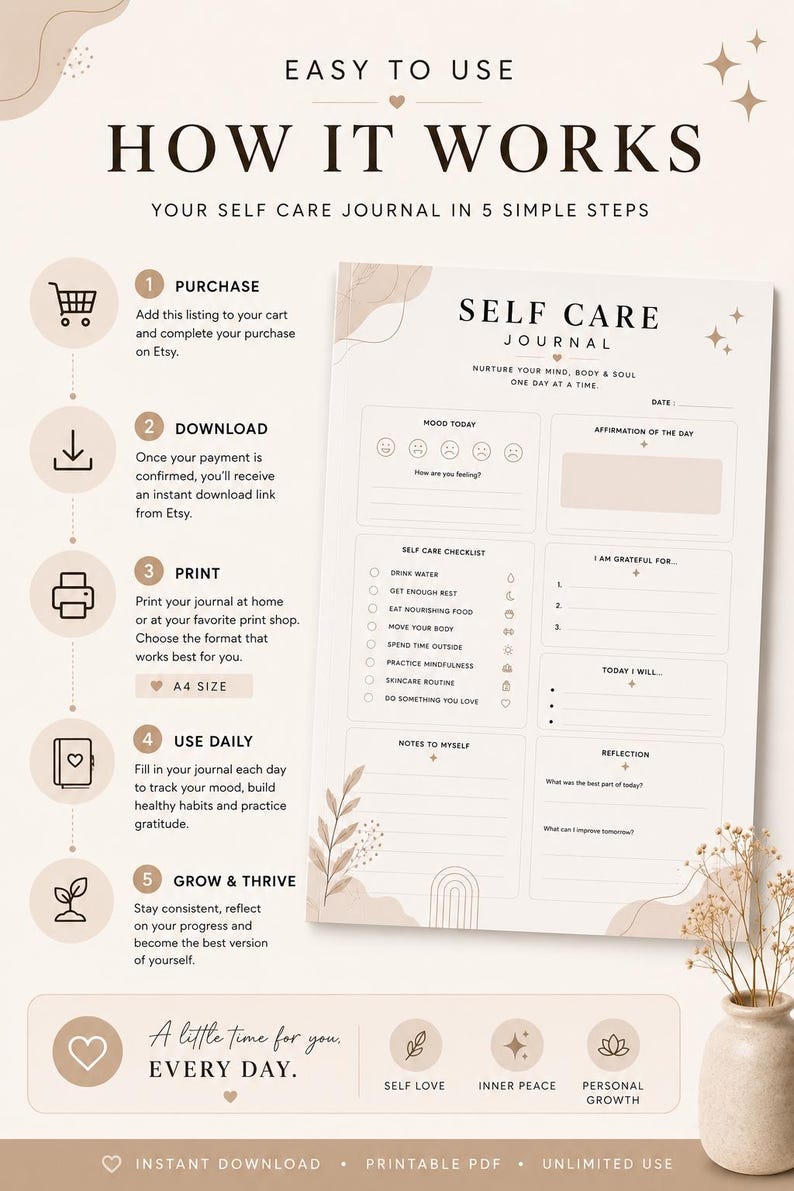 Self Care Journal Printable PDF | A4 & US Letter | Daily Wellness ...