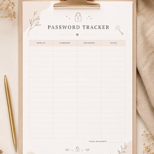 Peut inclure: Un presse-papiers avec une feuille de suivi des mots de passe. La feuille comporte des sections pour le site Web, le nom d'utilisateur, le mot de passe et les notes. Les mots "PASSWORD TRACKER" sont en haut. Le presse-papiers a un clip doré et un stylo doré sur le côté.