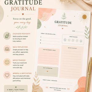 Peut inclure: Un journal de gratitude aux couleurs pastel. Il propose des invites pour la réflexion quotidienne, le suivi de l'humeur et les affirmations positives. La couverture affiche "Gratitude Journal" et "Focus on the good, grow every day."