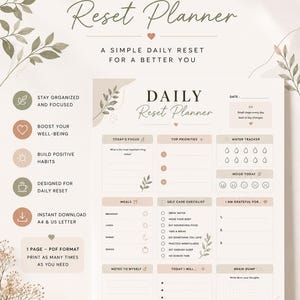 Könnte beinhalten: Druckbarer PDF-Tagesplaner mit minimalistischem Design. Enthält Abschnitte für den täglichen Fokus, Prioritäten, Mahlzeiten, Selbstpflege und Dankbarkeit. Mit Wasser- und Stimmungstracker. Für den täglichen Gebrauch.