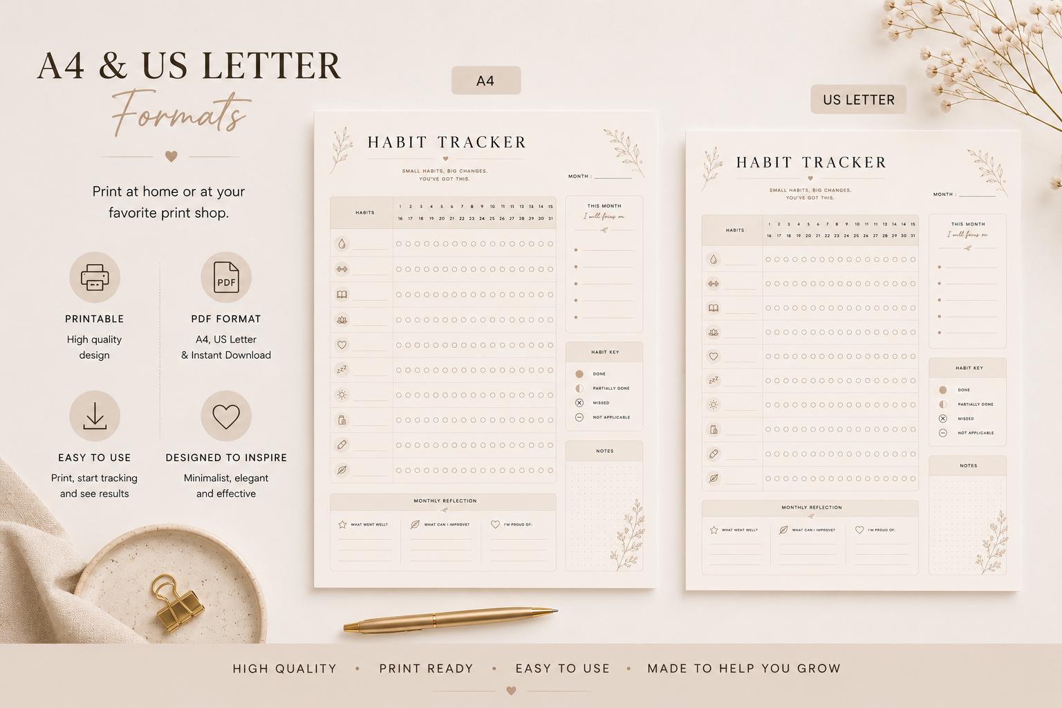 Minimal Habit Tracker Printable | A4 & US Letter PDF | Monthly Habit ...