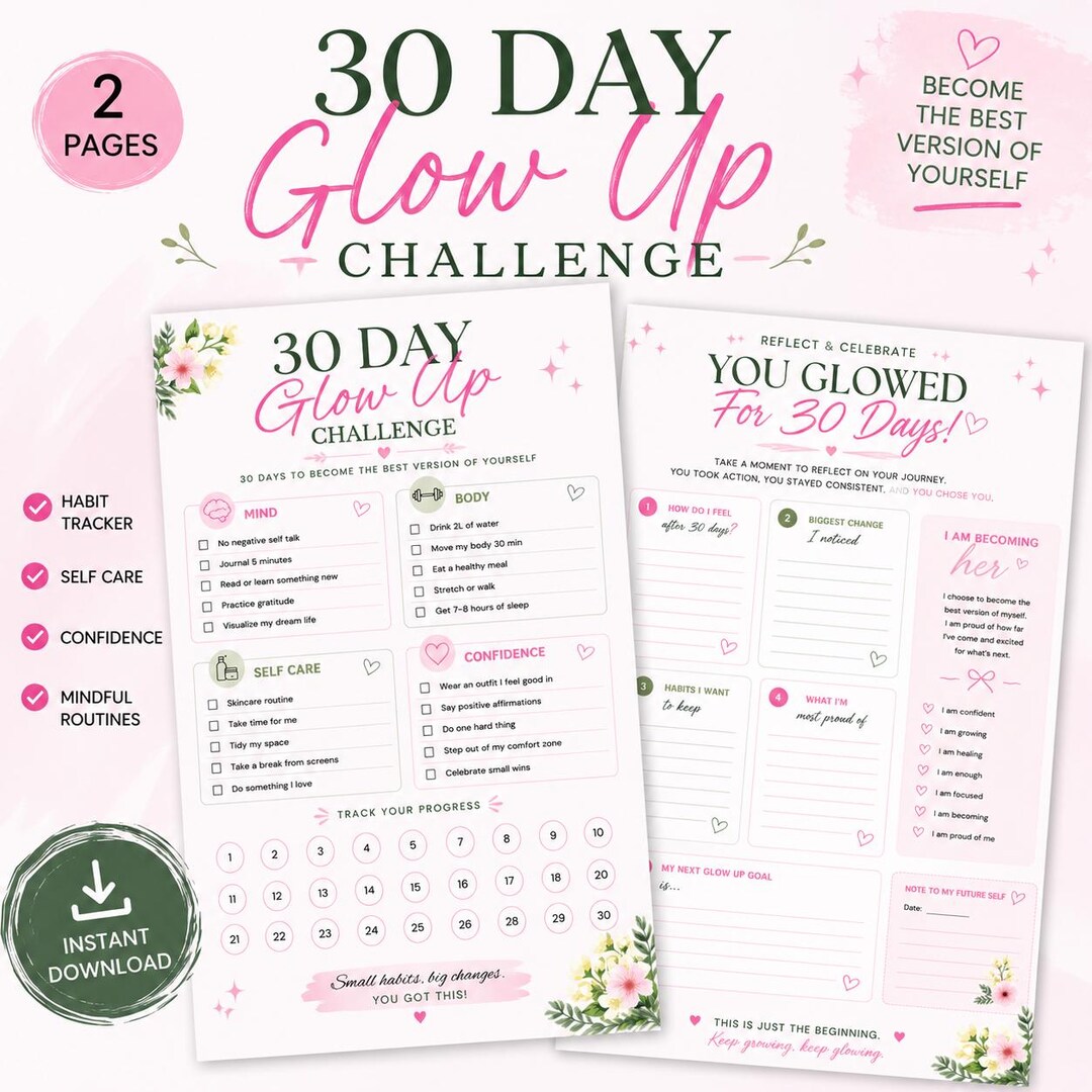 30 Day Glow up Challenge Printable | Self Improvement Planner | Habit ...