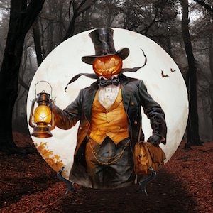 May include: A round decorative plate featuring a pumpkin-headed figure in a black top hat, tailcoat, and yellow vest. The figure holds a glowing lantern in one hand and a brown satchel in the other, set against a backdrop of a full moon and bats.
