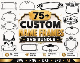 Pakiet ponad 75 niestandardowych ramek z imionami w formacie SVG | Ramki na nieśmiertelniki | Ramki na samochody wyścigowe | Tabliczki z imionami w formacie SVG | Pliki do grawerowania laserowego | Cricut SVG | Pliki do cięcia CNC