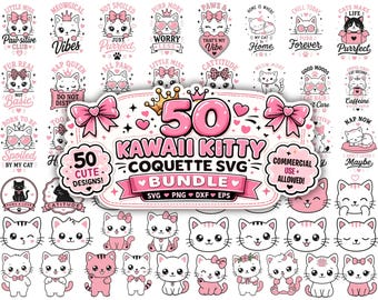 Zestaw Kawaii Kitty Coquette SVG | 50 projektów clipartów z kocimi pyszczkami (do pobrania w wersji cyfrowej)