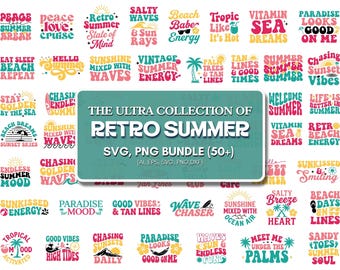 Pakiet Retro Summer SVG, wzory vintage na plażę, pliki Cricut Cut (natychmiastowe pobranie)