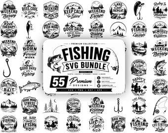 Pacote de SVGs de Pesca | 55 Desenhos de Pesca | SVG de Pesca de Robalo | SVG de Vida no Lago | Frases de Pai Pescador | PNG de Frases Engraçadas de Pesca | Arquivos para Cricut