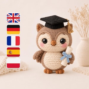 Virkmönster för examensuggla, Amigurumi-handledning, Kawaii plyschleksak (PDF-nedladdning)