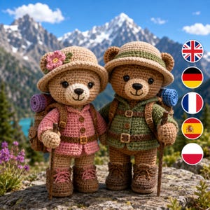 May include: Two crocheted teddy bears dressed as hikers. The left bear wears a pink jacket, a hat with a pink flower, and carries a purple sleeping bag. The right bear wears a green jacket, a hat, and carries a blue sleeping bag. Both have backpacks.