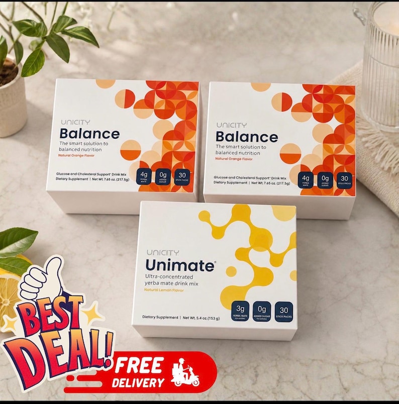 May include: Two white boxes of Unicity Balance glucose and cholesterol support drink mix with orange geometric patterns, and one white box of Unicity Unimate yerba mate drink mix with yellow abstract shapes, all labeled with net weights and counts.