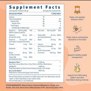 May include: A Supplement Facts label for a 7.25 g packet listing nutritional information including 15 calories, 5g total carbohydrates, and various vitamins. The label features icons for appetite control, carbohydrate reduction, and weight management.